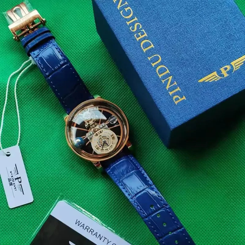 PINDU Design Man Wristwatch Transparent Hollow Design Celestial Roulette Quartz Watches Water Resistant Leather Men's Watch Box - TAVEN System LLC
