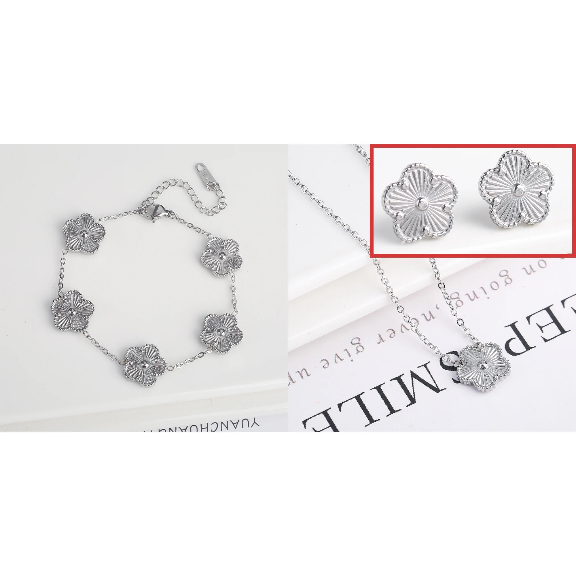 Simple 316L Stainless Steel Flower Five Leaf Necklace Bracelet Earrings 18K Gold Plated Jewelry Set for Women Girl Gift Clover TAVEN System LLC