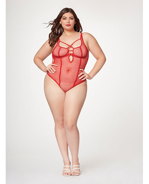 Fishnet Strappy High Cut Leg Teddy Red 1X/2X Taven