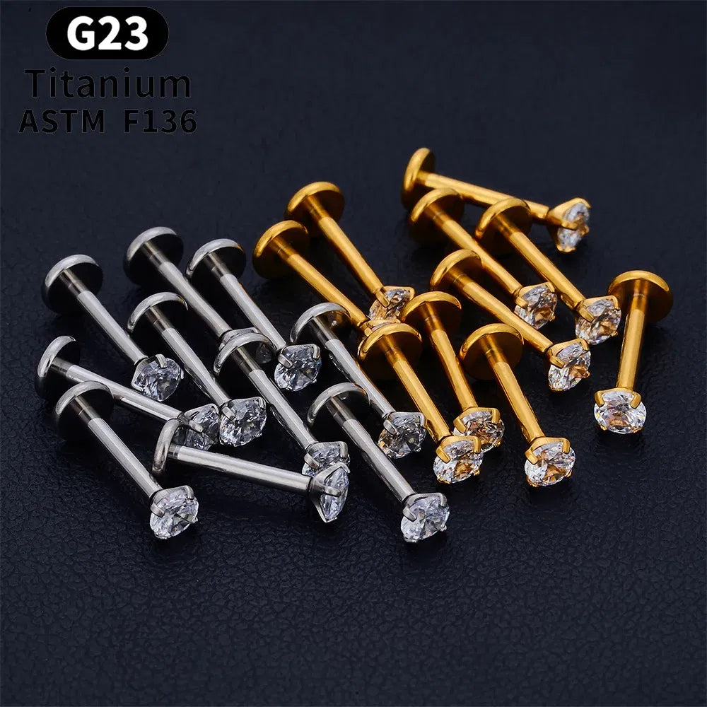 Metal color: Gold-color, Ships From: CHINA, Main Stone Color: Pink - 10PCS ASTM F136 G23 Titanium Piercing Labret Lip Ring Stud Earring CZ Ear Tragus Cartilage Helix Daith Pierc Jewelry 16/18/20g Taven