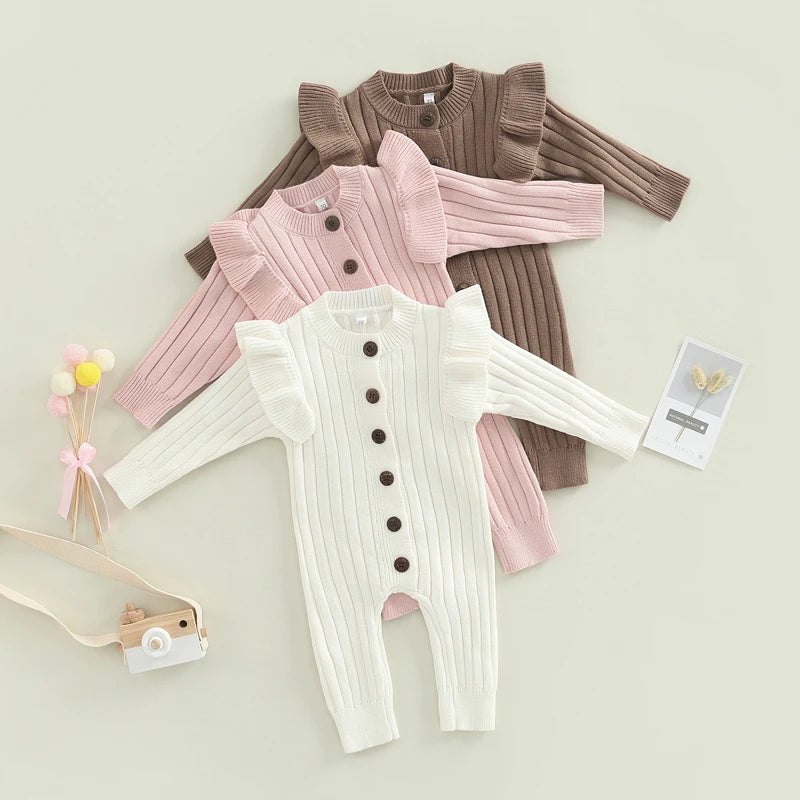 Baby Girl Knitted Long Sleeve Button Romper Spring Outfit
