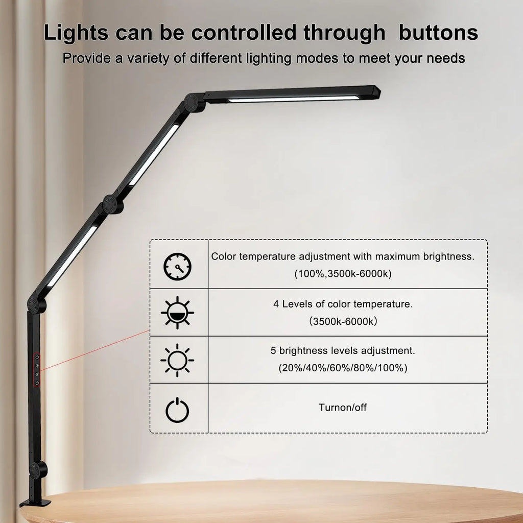 LED Desk Lamp with Clamp Flexible 4 sections Swing Arm Three light sources desk light, 4 Color Modes & 5 Brightness TAVEN System LLC