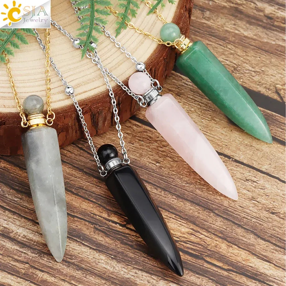 Metal color: Antique Bronze Plated - CSJA Crystal Perfume Bottle Women Necklace Natural Stone Hexagonal Cone Pendant Reiki Oil Diffuser Necklaces Christmas Gift H358 Taven