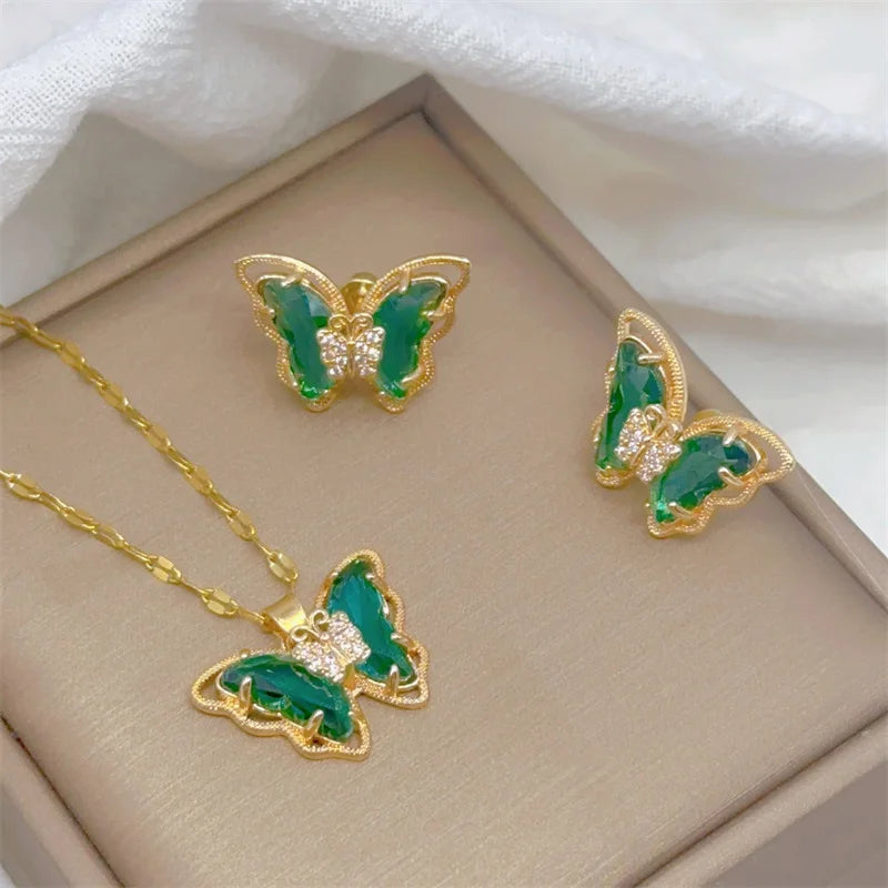 Fashion European and American Cute Micro-inlaid Butterfly Necklace Earrings Set Classic Light Luxury Transparent Stainless Steel TAVEN System LLC