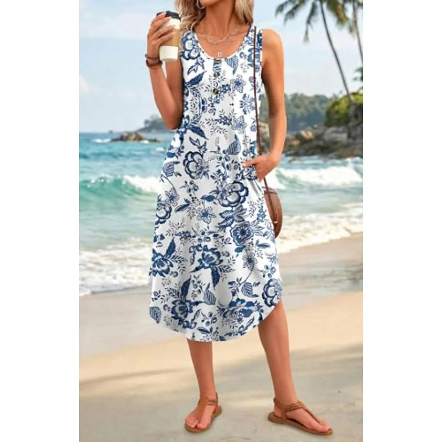 Women Sleeveless Floral Midi Dress Beach Casual Vacation Sundress