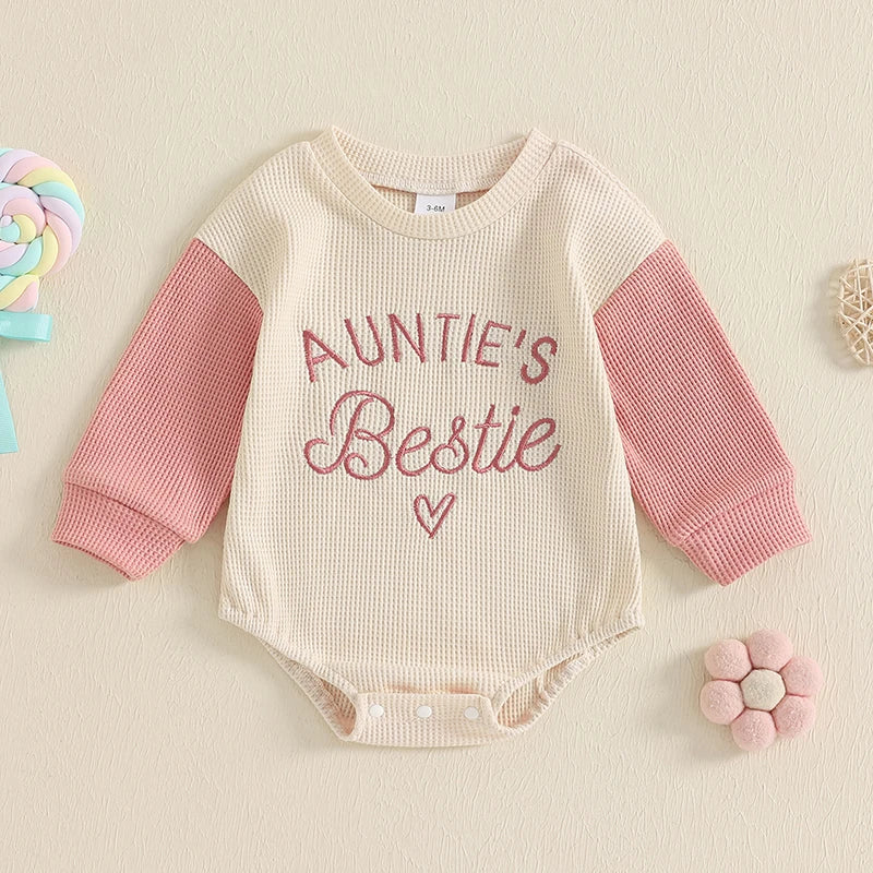 Baby Girl Waffle Romper Long Sleeve Aunties Bestie Outfit Pink