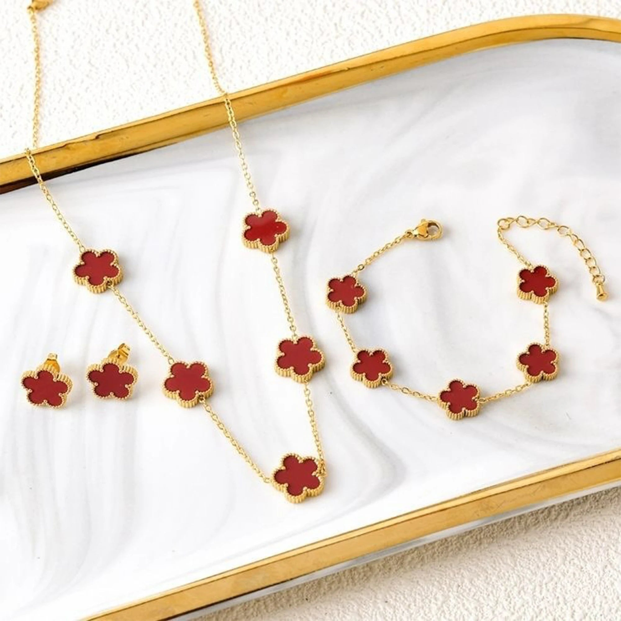 3Pcs 18k Gold-Plated Five-Leaf Flower Necklace Earrings Bracelet Jewelry Set for Woman Fashion Party Jewelry Daily Wear Clover TAVEN System LLC