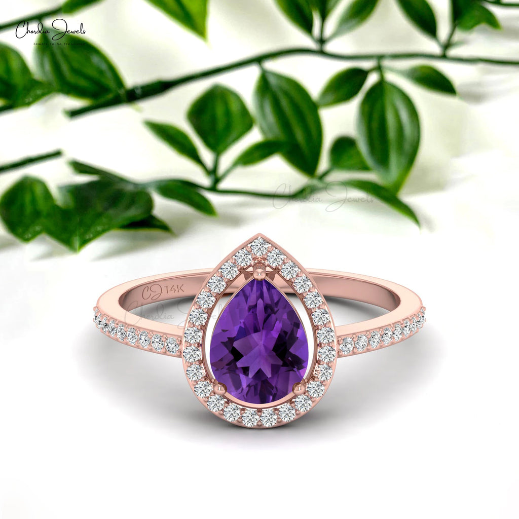 Trending Products 14k Fine Rose Gold Natural 8x6mm Pear Cut African Amethyst & 1mm G-H Diamond Halo Ring Top Wholesale Suppliers TAVEN System LLC