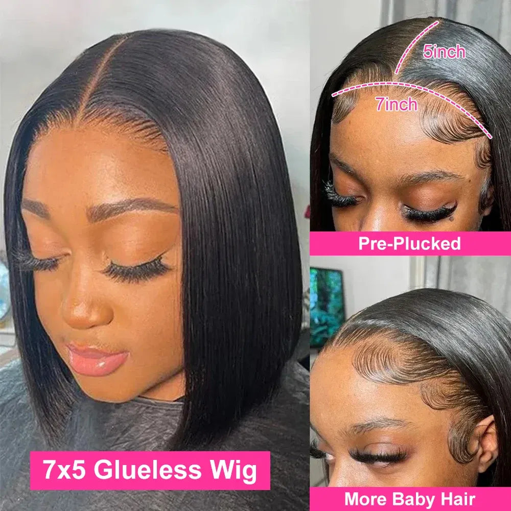 Hair Color: #1B, Ships From: CHINA, Stretched Length: 14inches, Density: 180% - Wear And Go Glueless Bob Wig Human Hair 7x5 HD Lace Closure Human Hair Pre Plucked  No Glue Pre Cut Ready To Wear Frontal Wig Taven