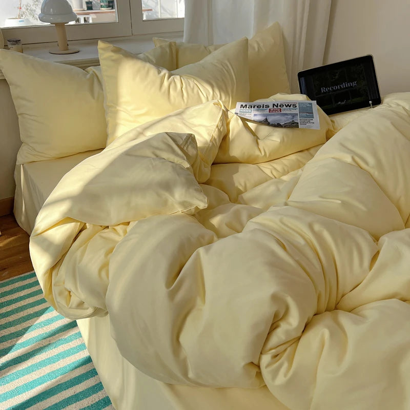 Cotton Bedding Set 4pcs with Solid Bed Sheet Duvet Cover Pillowcases Single Couple Bedsheet King Queen Double Twin Size TAVEN System LLC