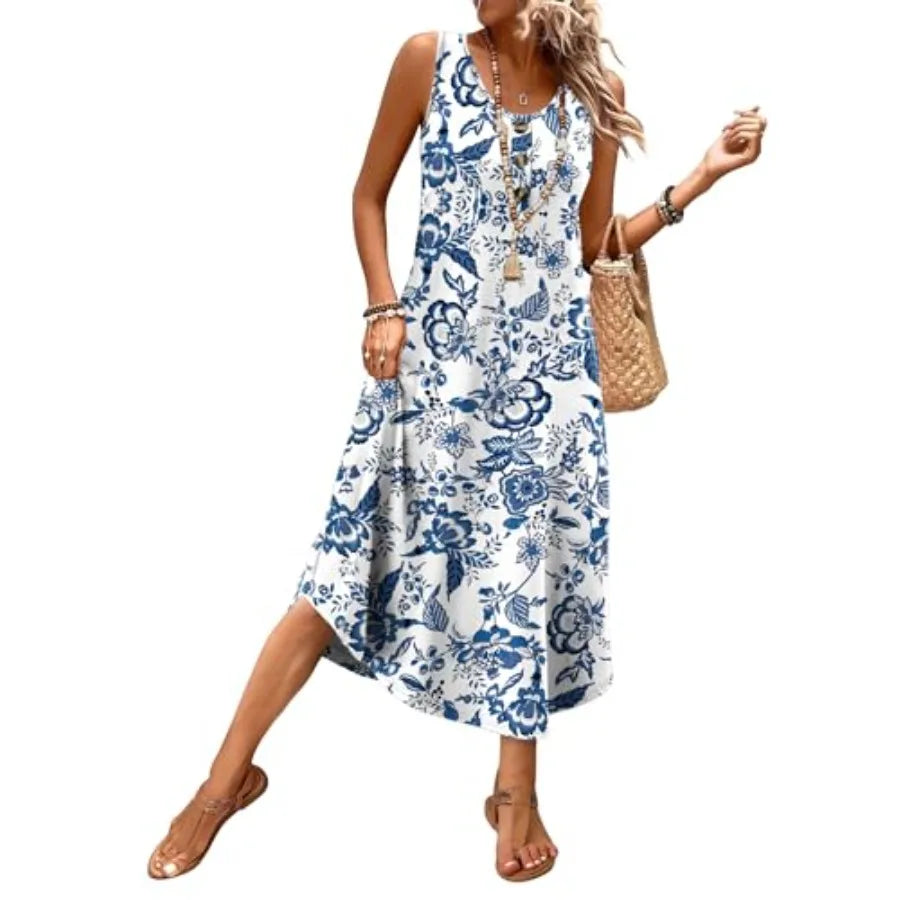 Women Sleeveless Floral Midi Dress Beach Casual Vacation Sundress