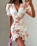 Chic Ruffle Print Slim Fit Dress Women Chic Flared sleeves V-neck Pleated Short Dresses 2026 Lady Summer Casual Daily Vestidos TAVEN System LLC
