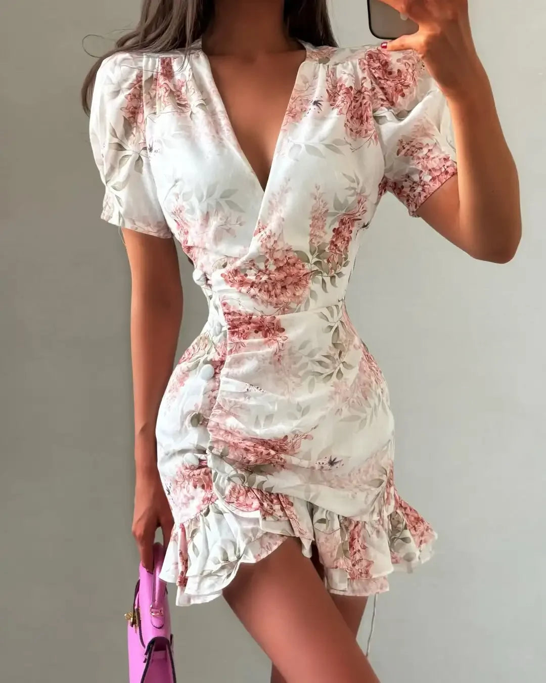Chic Ruffle Print Slim Fit Dress Women Chic Flared sleeves V-neck Pleated Short Dresses 2026 Lady Summer Casual Daily Vestidos TAVEN System LLC