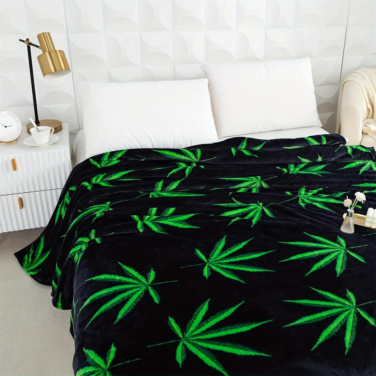 Neon Green Cannabis Leaf Blanket - Bold Black & Green Marijuana Print Design for Weed Enthusiasts & Cozy Lounging TAVEN System LLC