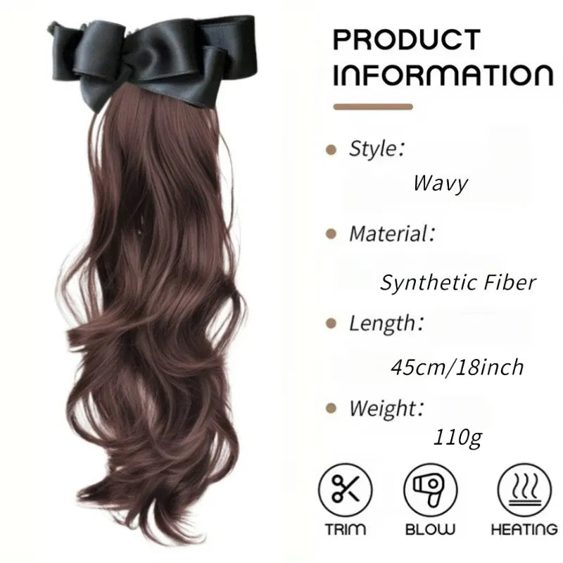 Color: #2, Stretched Length: 18inches - Elegant Synthetic Silk Bowknot Banana Claw Clip Ponytail Wig With Grab Clip Long Wavy Layered Ponytail for Women Daily Use Taven