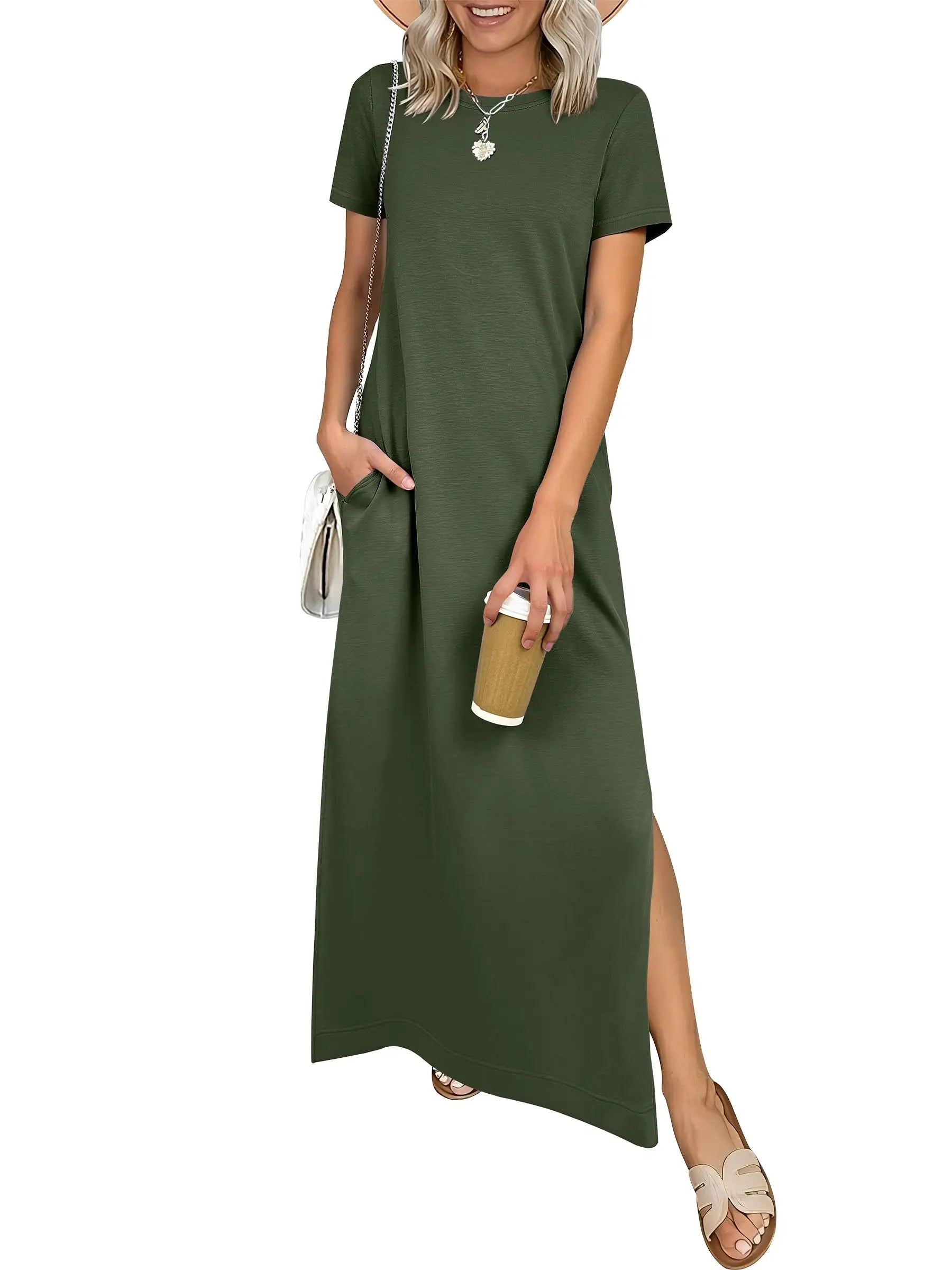Women Short Sleeve Maxi Dress Crew Neck Side Split Casual Loose Dress