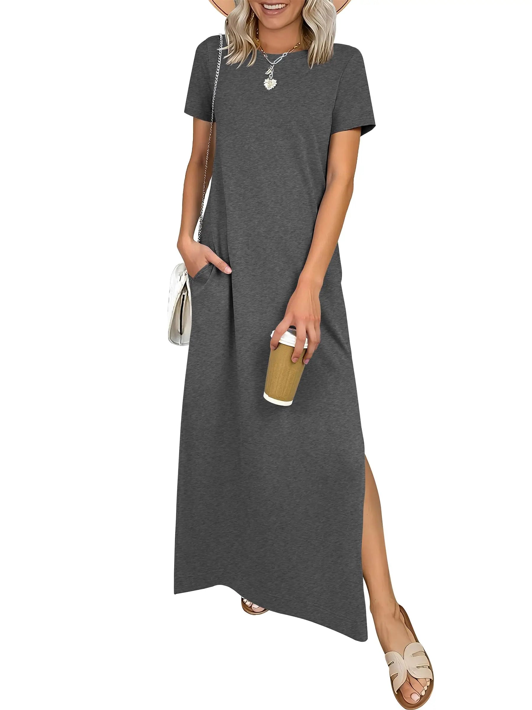 Women Short Sleeve Maxi Dress Crew Neck Side Split Casual Loose Dress
