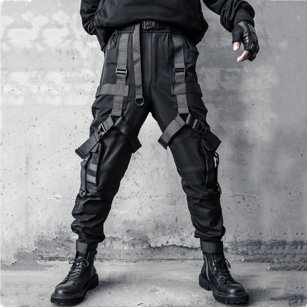 Men Hip Hop Punk Cargo Pants Techwear Ribbon Tactical Casual Pants TAVEN System LLC