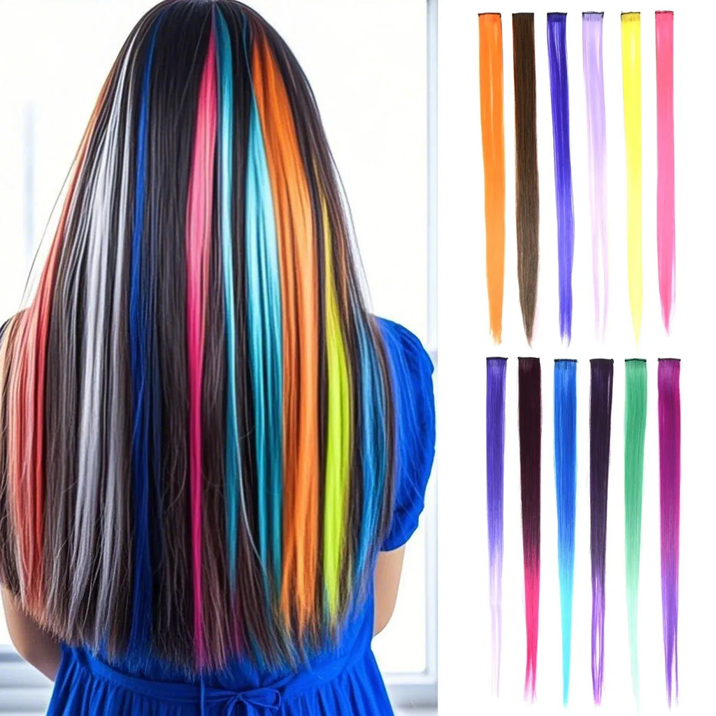 Color: #1, Stretched Length: 22inches - Synthetic Clip-in Hair Extensions 22" Long Colorful Straight Hair Pieces Synthetic Hairpieces for Daily Festival Party Taven