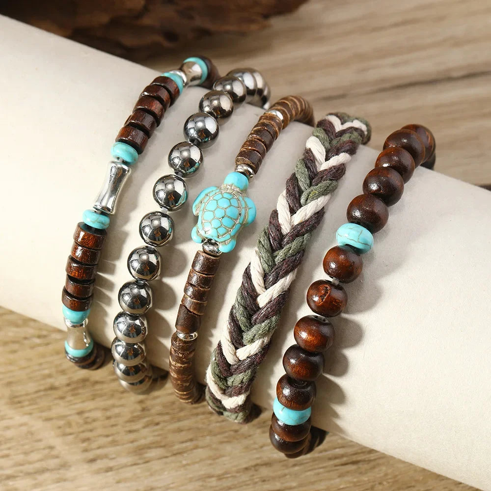 5-piece Bohemian Sea Turtle Vintage Wooden Shell Wax Rope Woven Bracelet Set TAVEN System LLC