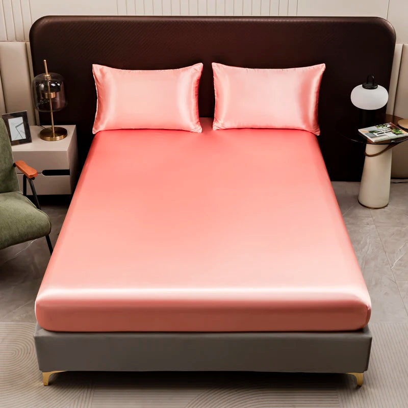 3Pcs Black Satin Fitted Sheet Solid Colour Twin Full Queen King Ice Silk Mattress Cover With Elastic Band Bed Sheet Pillowcases TAVEN System LLC