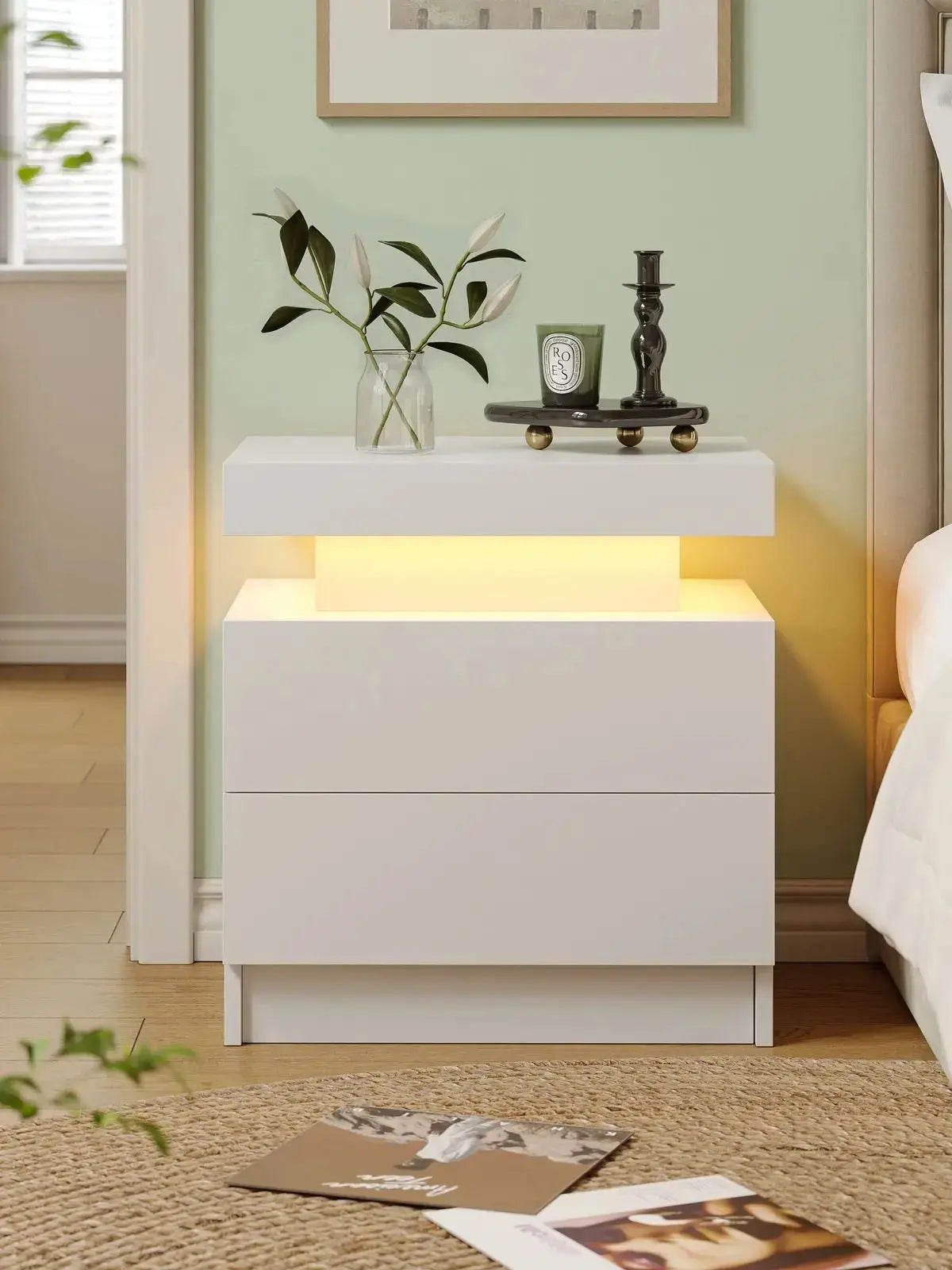 RGB Bedside White Table With 2 Drawers Cubehom LED Nightstand TAVEN System LLC