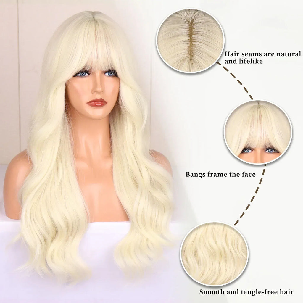 Color: Blonde - Blonde synthetic wig with straight bangs Ladies Cosplay wig High temperature silk wig set with big waves and long curly hair Taven