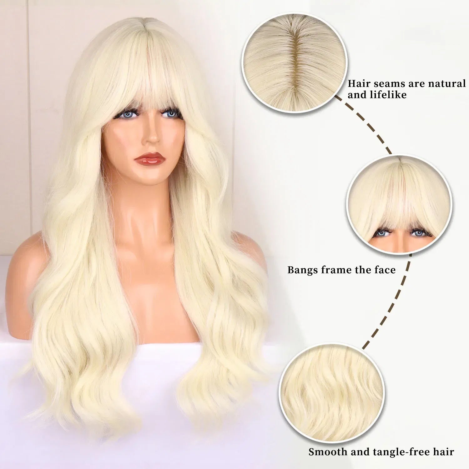 Color: Blonde - Blonde synthetic wig with straight bangs Ladies Cosplay wig High temperature silk wig set with big waves and long curly hair Taven
