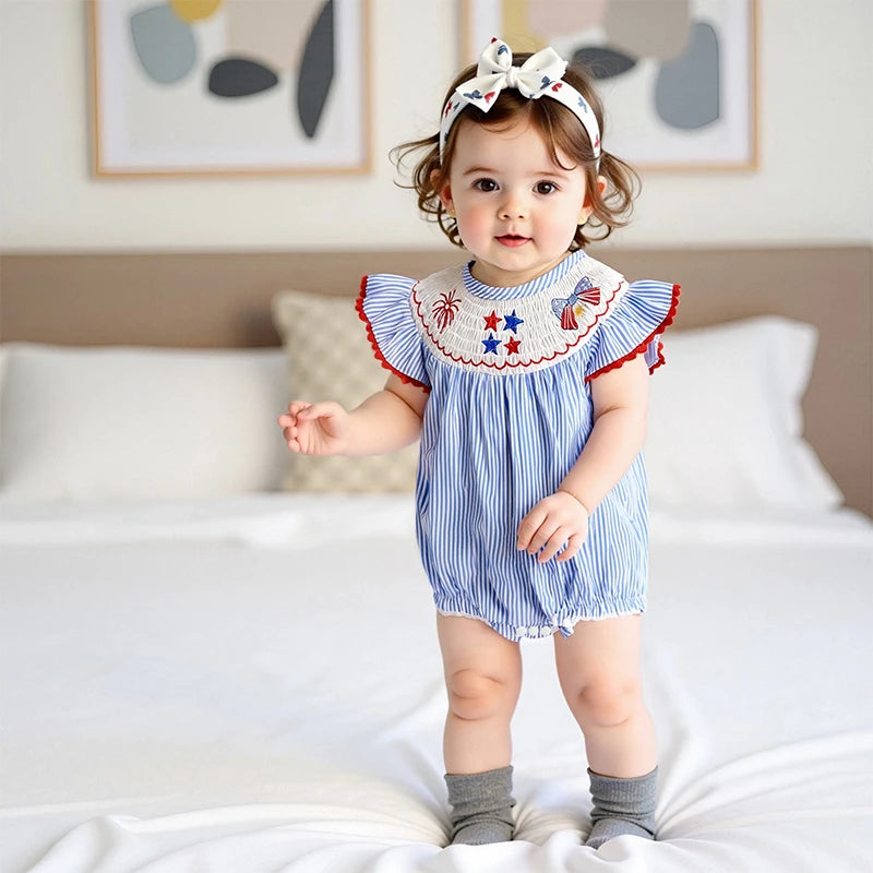 Baby Girl Striped Fly Sleeve Romper with Stars and Bow Outfit