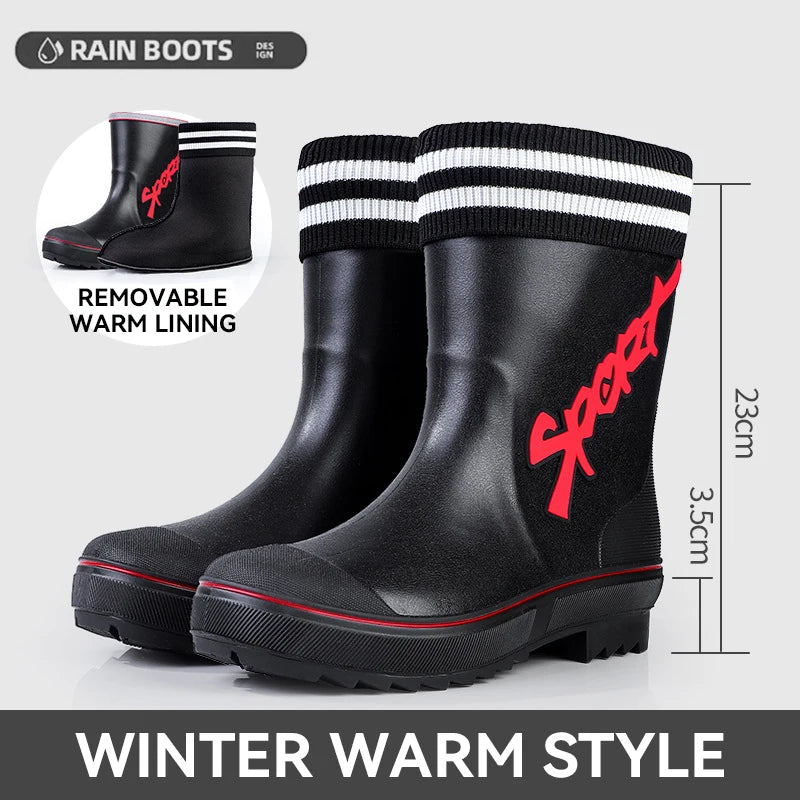 Mid-calf Rain Boots Men Slip-On Waterproof Rubber Rain Shoes Work Mud Boots Warm Durable Non-Slip Boots Farming Fishing Camp TAVEN System LLC