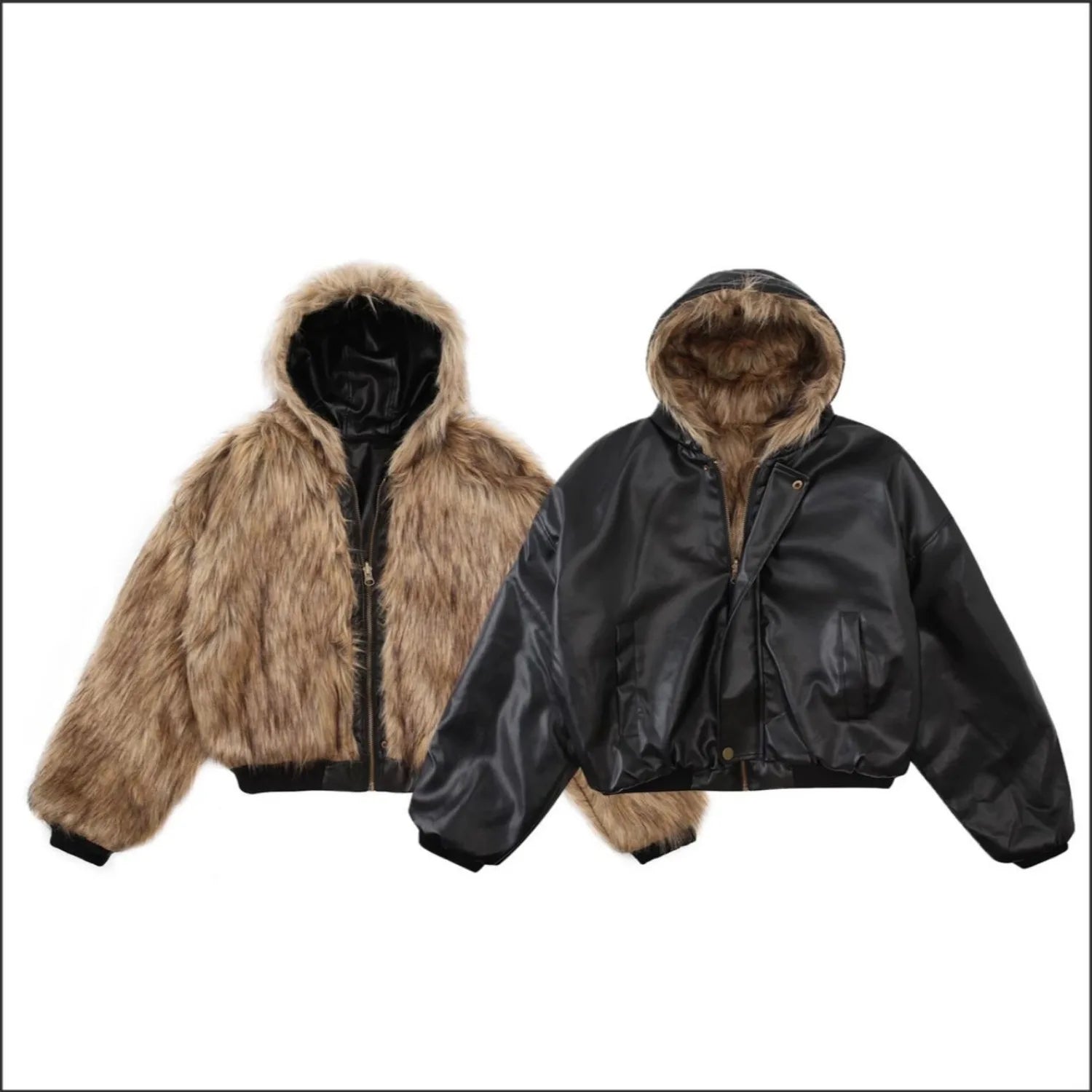Men Luxury Vintage Faux Fur Reversible Hooded Winter Leather Coat