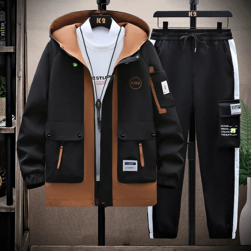 Men Hooded Tracksuit Set Autumn Casual Jacket Pants Sportswear Outfit