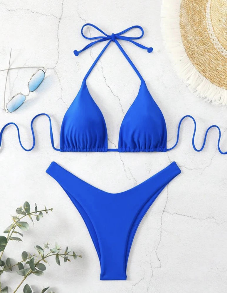 2025 Women White Bikini Chest Padded New Sexy Halter Bikini Two-Piece Set With Drawstring Straps Solid Brazilian Bathing Suit TAVEN System LLC
