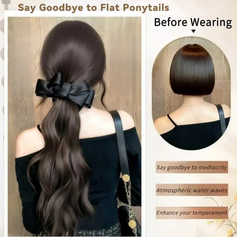 Color: #2, Stretched Length: 18inches - Elegant Synthetic Silk Bowknot Banana Claw Clip Ponytail Wig With Grab Clip Long Wavy Layered Ponytail for Women Daily Use Taven
