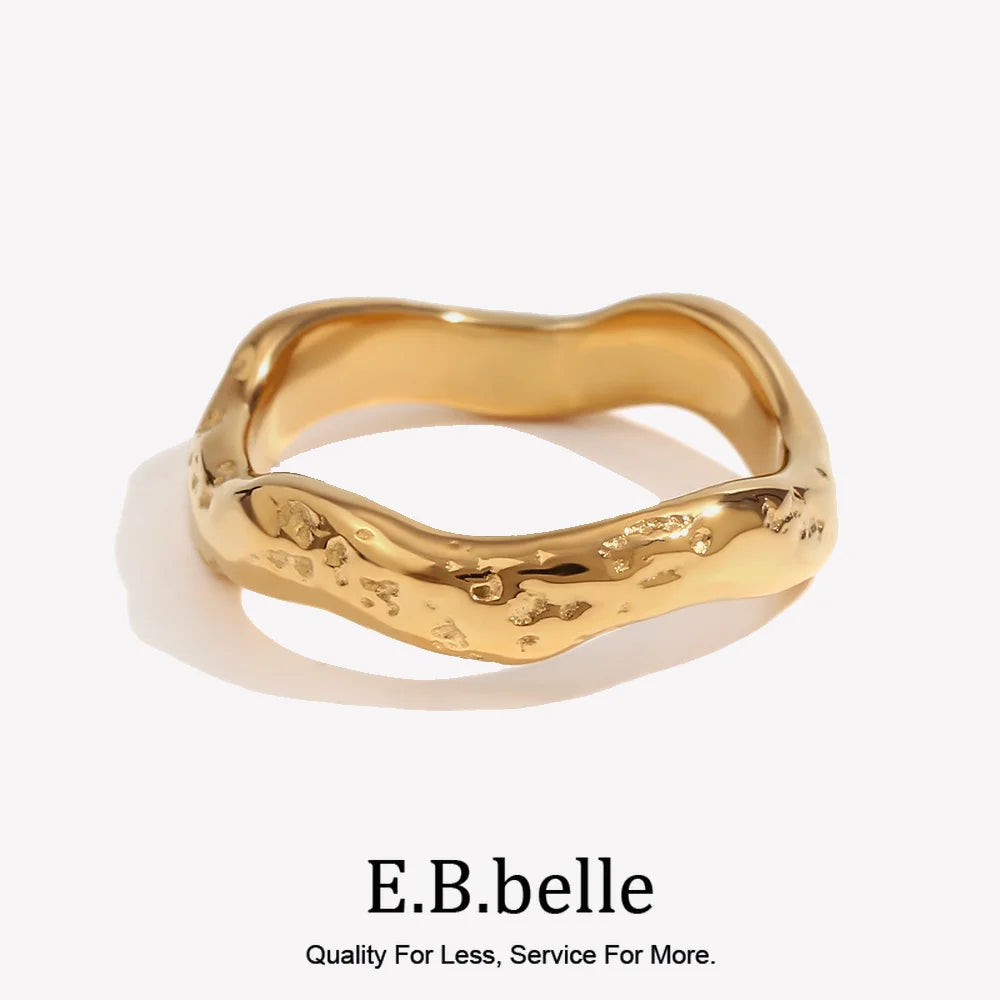 E.B.belle Beat Pattern Wave Plain Ring Waterproof Tarnish Free 18K Gold Plated Women's Rings 316L Stainless Steel Accessories TAVEN System LLC