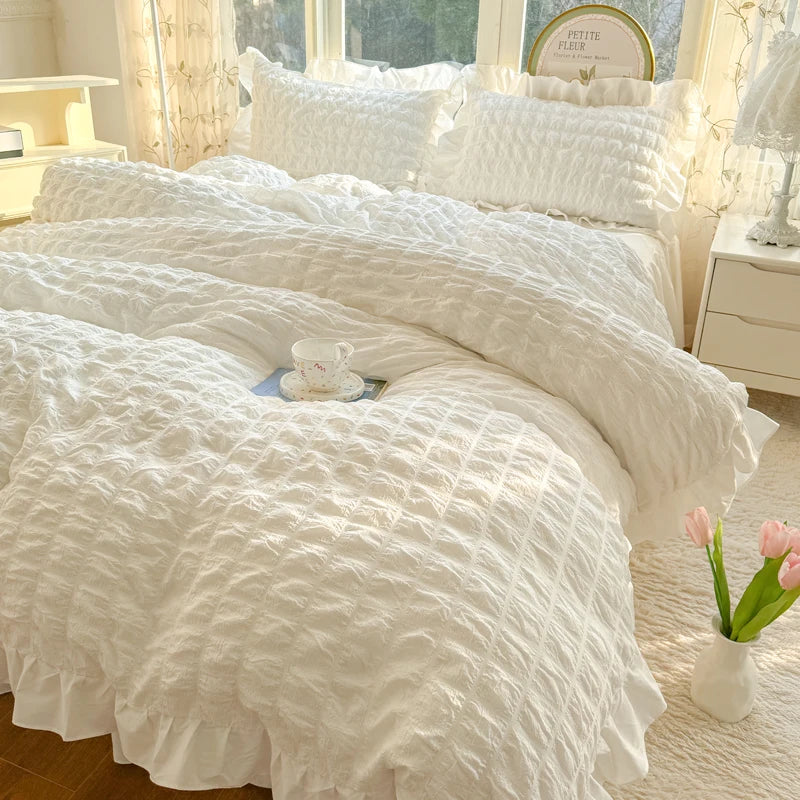 Korean Princess Style Lace Ruffles Bedding Set Skin-friendly Soft Seersucker Duvet Cover Set Bed Sheet Or Bed Skirt Pillowcases TAVEN System LLC