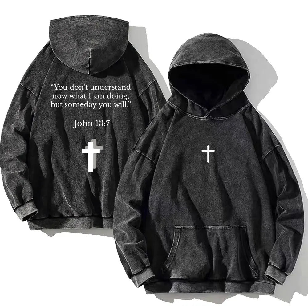 Men Vintage Psalm 91:11 Cotton Hoodie Washed Hip Hop Sweatshirt