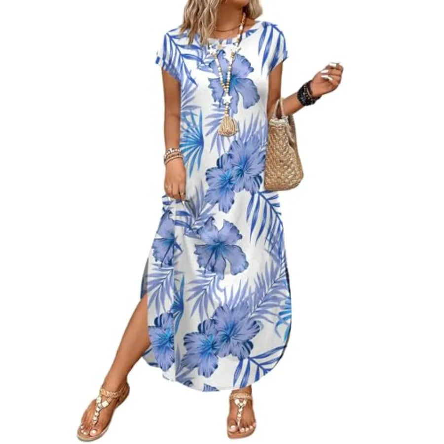 Women Tie Dye Maxi Dress Cap Sleeve Crewneck Beach Casual Sundress