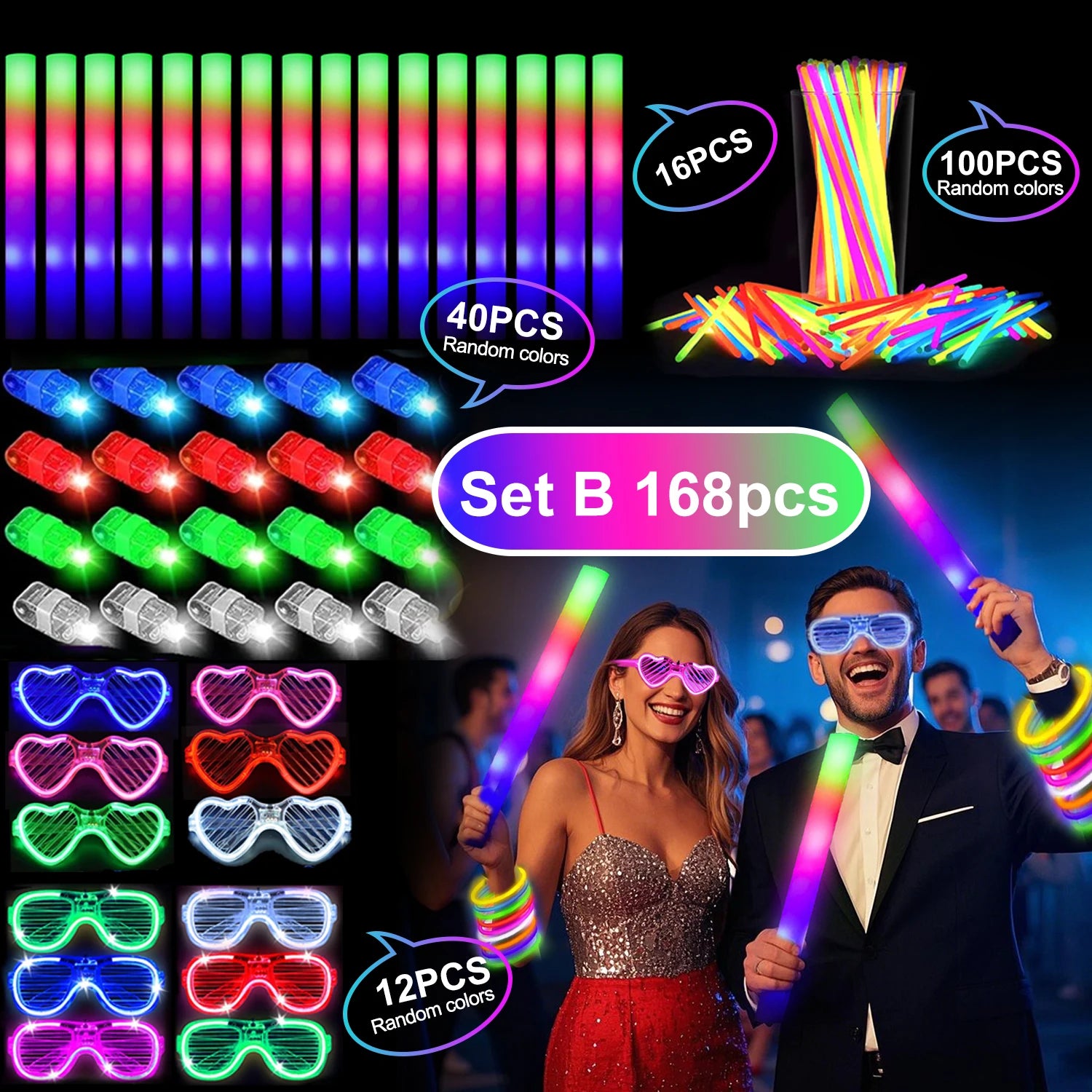 168pcs/Set Glow Party Kit, including 12 LED Glasses, 16 Foam Glow Sticks, 40 Finger Lights, 100 Glow Sticks, suitable for weddin TAVEN System LLC