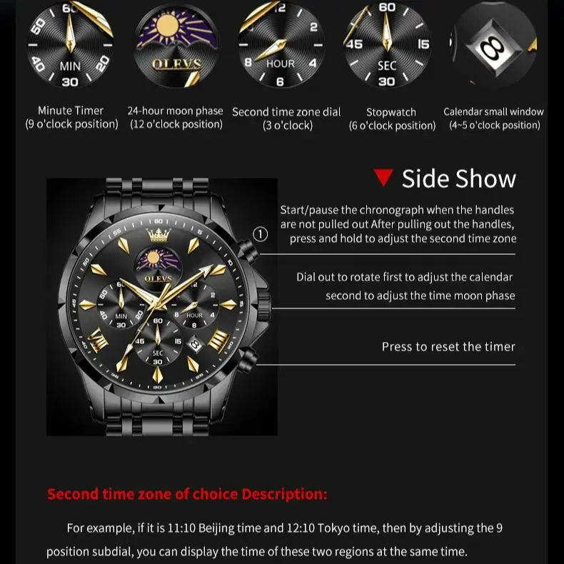 OLEVS 3653 Moon Phase Men Watch Luxury Brand Quartz Watch Fashion Original Waterproof Luminous 24-hour Automatic Date Men Watch TAVEN System LLC