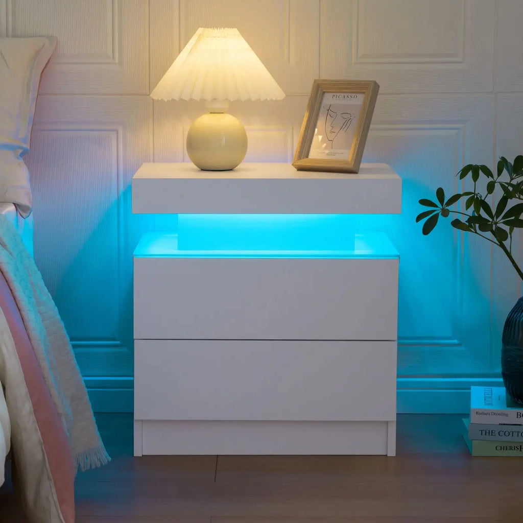 RGB Bedside White Table With 2 Drawers Cubehom LED Nightstand TAVEN System LLC