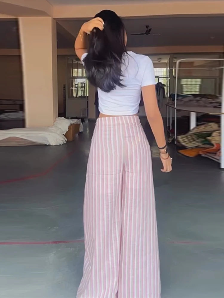 Casual Striped Women's Trouser Lace-Up Adjust Belt High Waist Wide Leg Pants 2026 Summer Autumn Fashion Female Street Trousers TAVEN System LLC