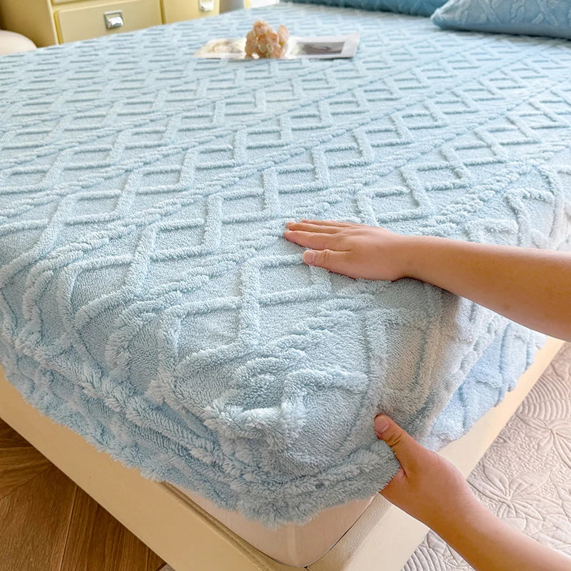 1pc Winter Warm Bed Sheet with Elastic Band Single/Queen/King Mattress Cover Thick Coral Fleece Fluffy Fitted Bed Sheets for Bed TAVEN System LLC