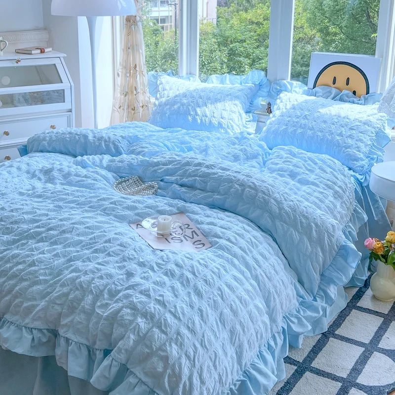 Korean Princess Style Lace Ruffles Bedding Set Skin-friendly Soft Seersucker Duvet Cover Set Bed Sheet Or Bed Skirt Pillowcases TAVEN System LLC