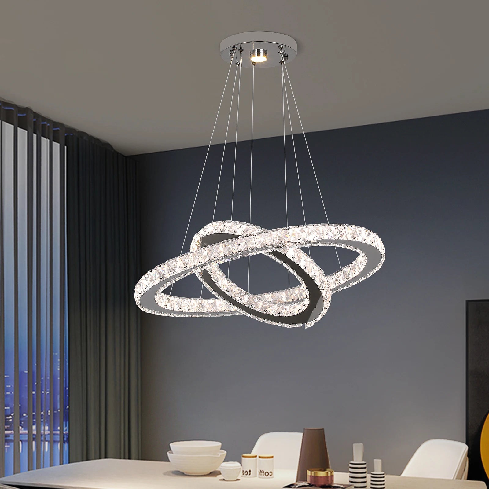 Modern Led  Pendant Light Luxury Crystal Rings Dimmable Chandelier Hanging Lustre Ceiling Lamp Living Dining Room Decor Fixture TAVEN System LLC