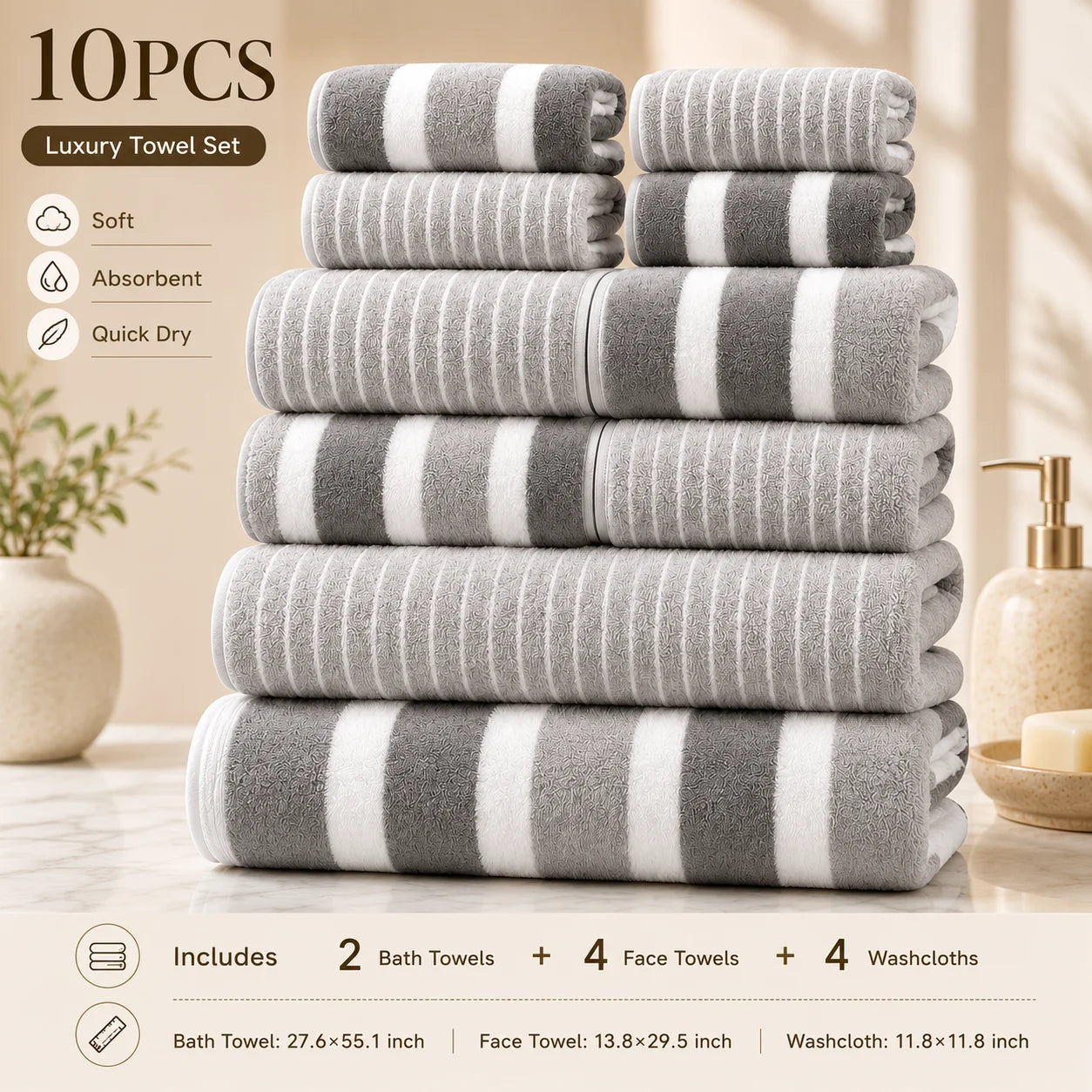 10-Piece Ultra Absorbent Towel Set, Lint-Free & Super Soft Two-Tone Striped Bath Towel Collection, Premium Microfiber Bathroom Towel Set Includes 2 Bath Towels, 4 Face Towels & 4 Hand Towels, Suitable for Bathroom, Spa & Hote TAVEN System LLC