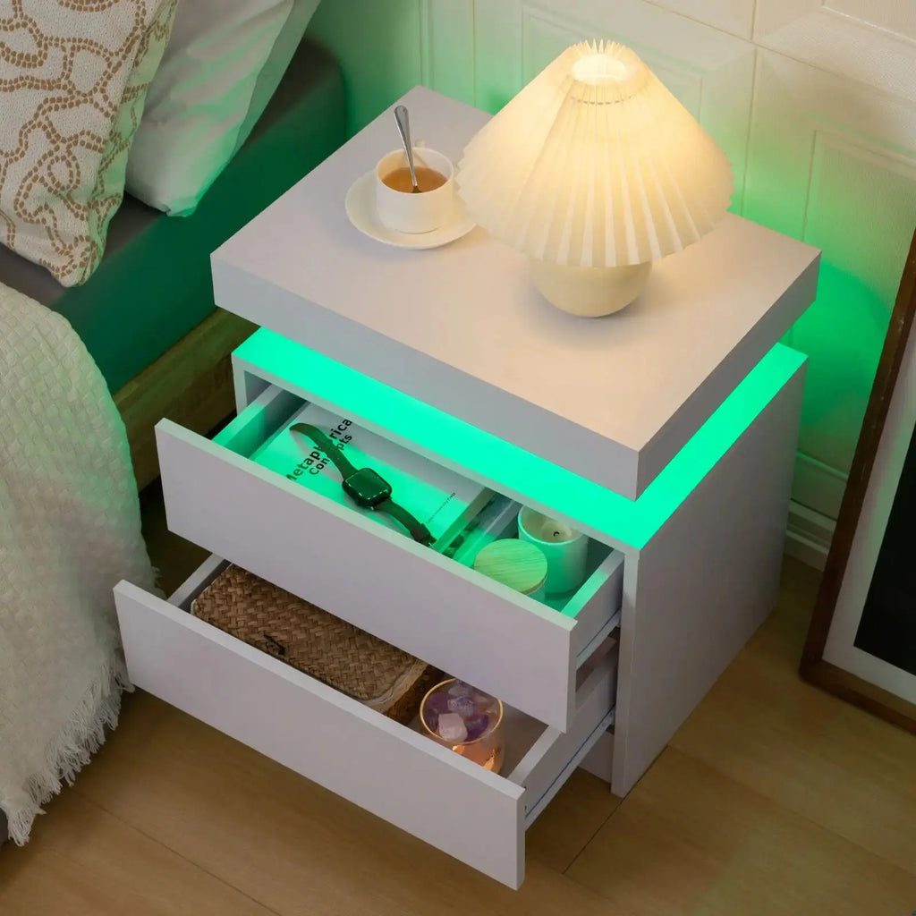 RGB Bedside White Table With 2 Drawers Cubehom LED Nightstand TAVEN System LLC