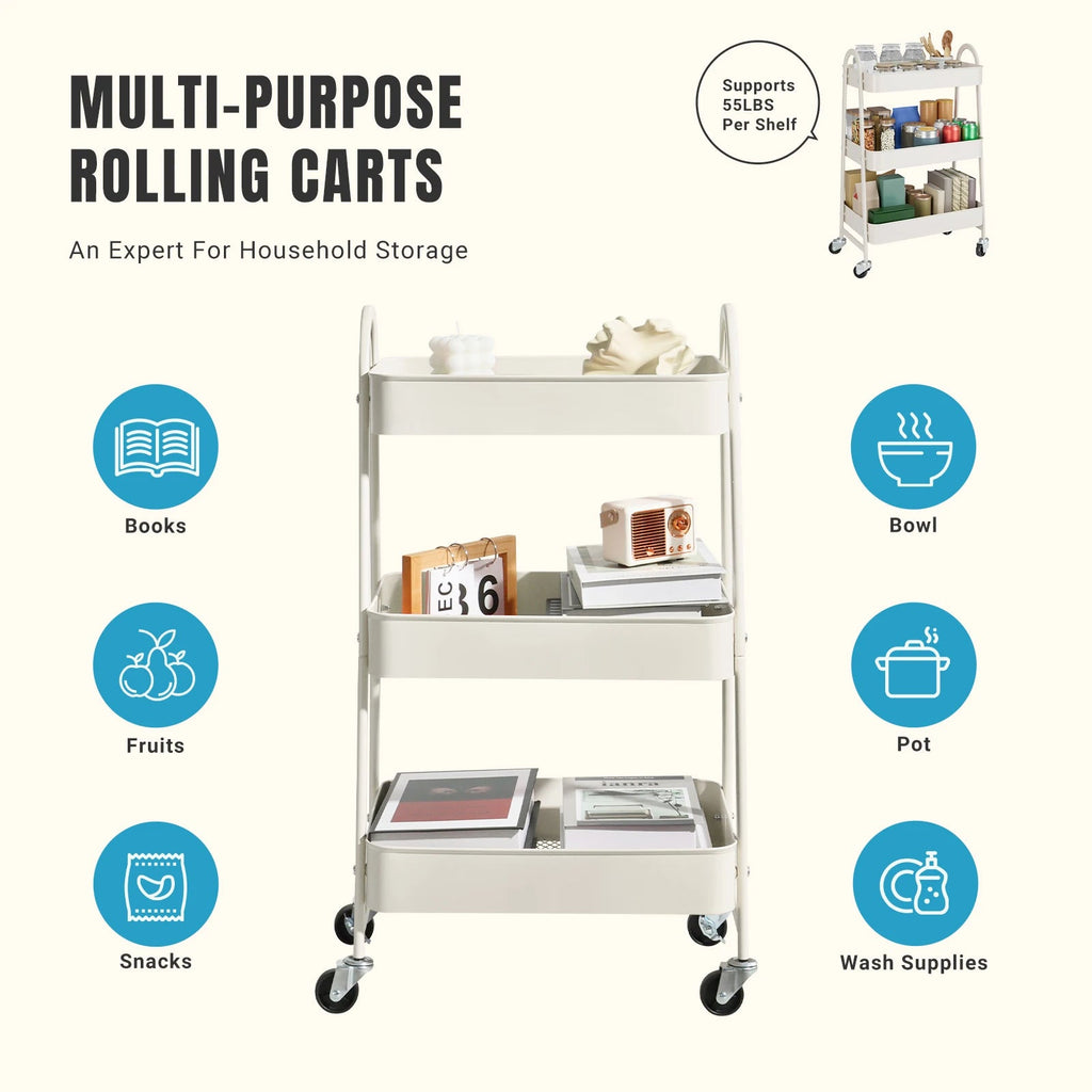 Metal rolling storage cart with lockable wheels