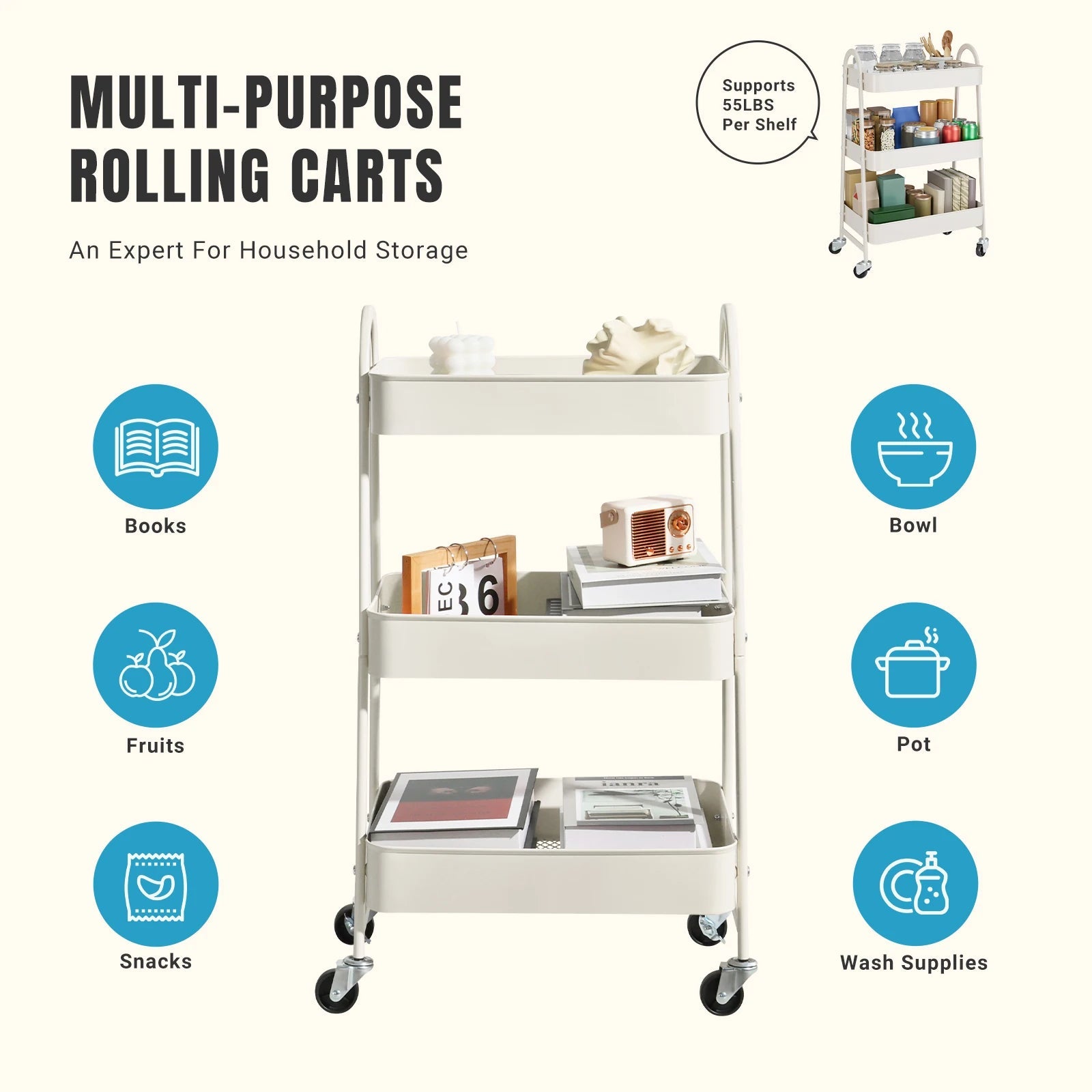Metal rolling storage cart with lockable wheels
