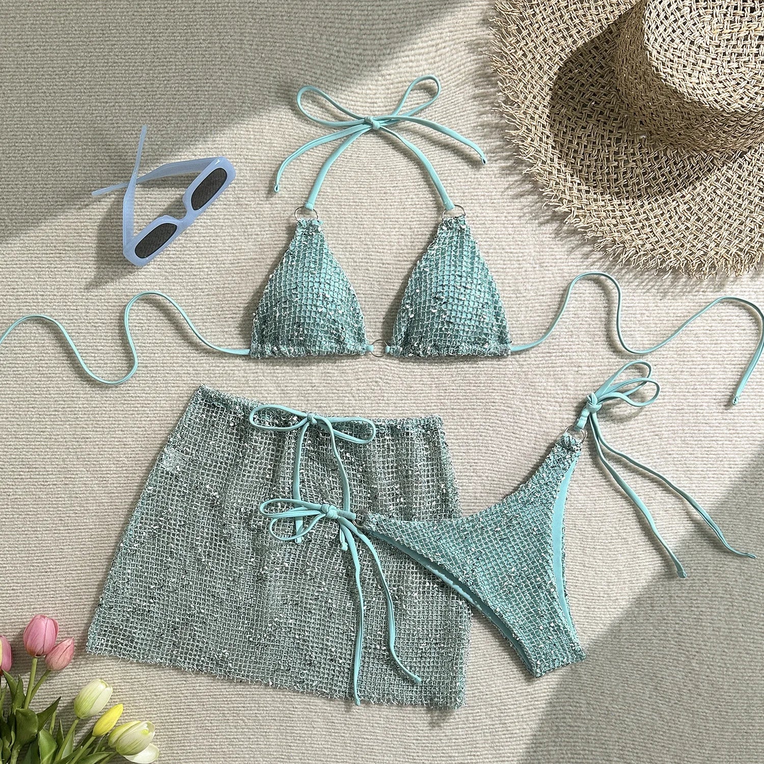2025 New Summer Halter Bikini 3 Pieces Women Special Material Sexy Thong Swimwear with Sarong Skirt Solid Pink Beachwear TAVEN System LLC